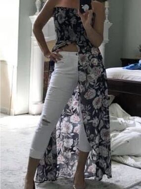 VENUS Navy Blue Floral Strapless Maxi Top